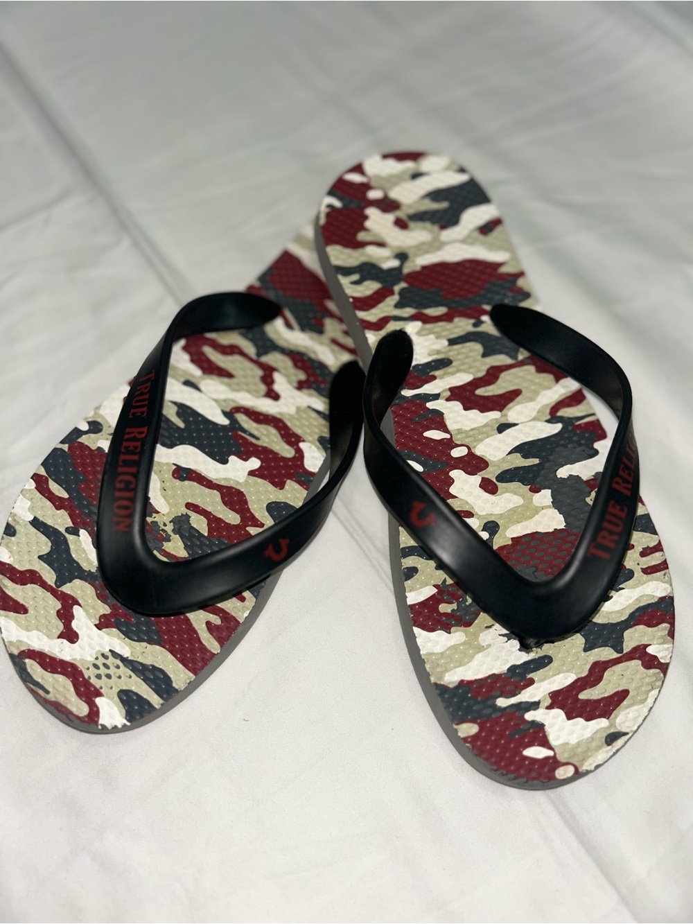 True Religion Flip Flops in Red, Green, Black Camo